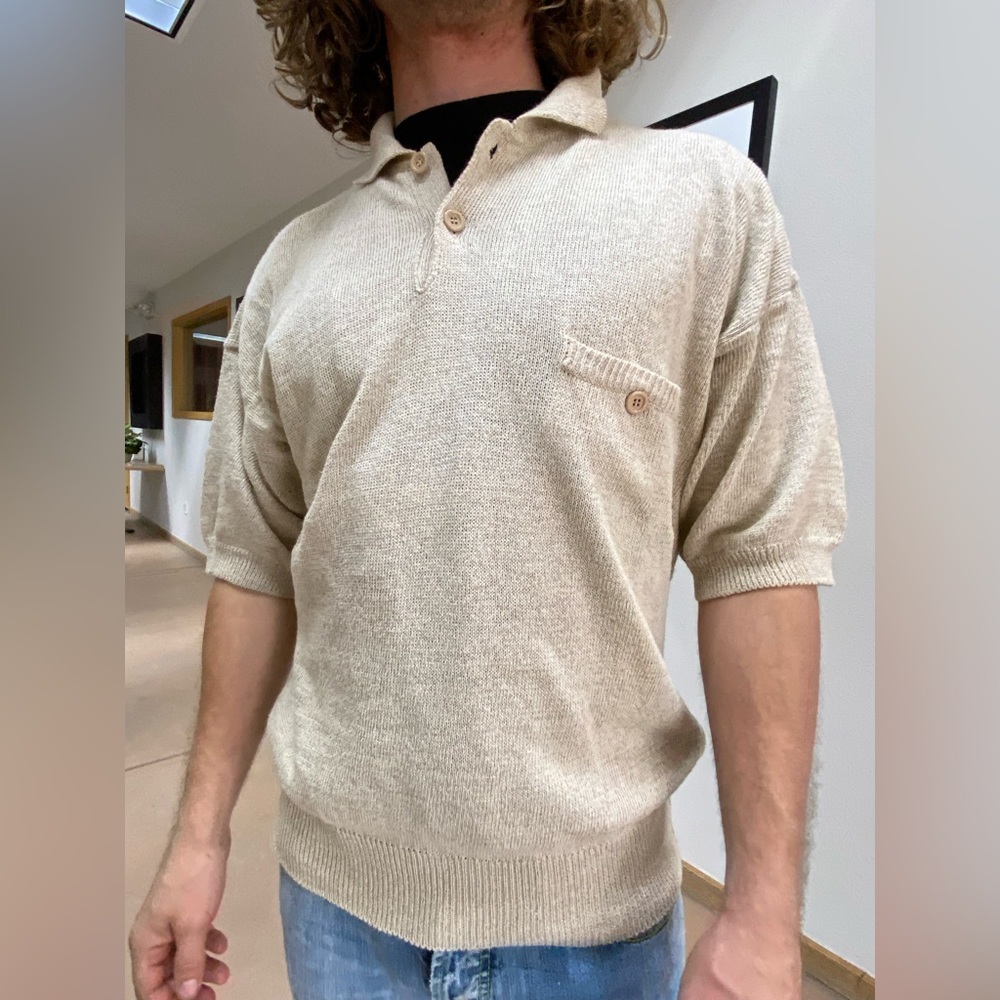 Vintage 80s Charles Jourdan L Beige Linen Blend Collared Pullover Sweater